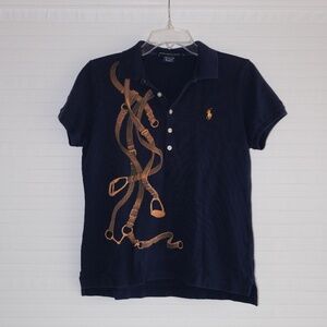 Ralph Lauren Navy Polo with Brown Harness Design